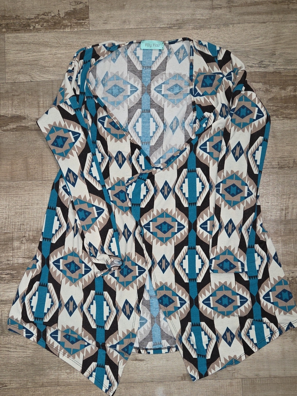 Filly Flair Teal, Taupe & Black Aztec Open-Front Top